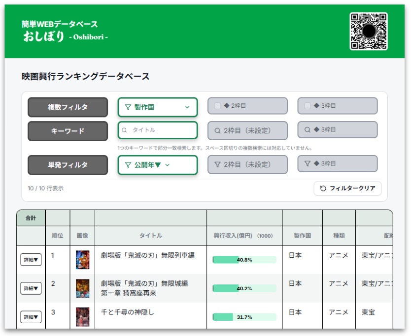 閲覧URLで開く閲覧者画面。検索機能と表を表示する画面